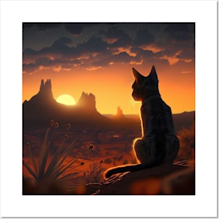 Painting of a Cat watching a Sunset in Texas Posters and Art